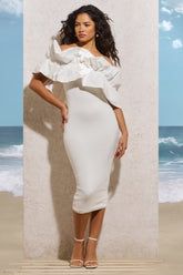 White Asymmetric Ruffle Midi Dress